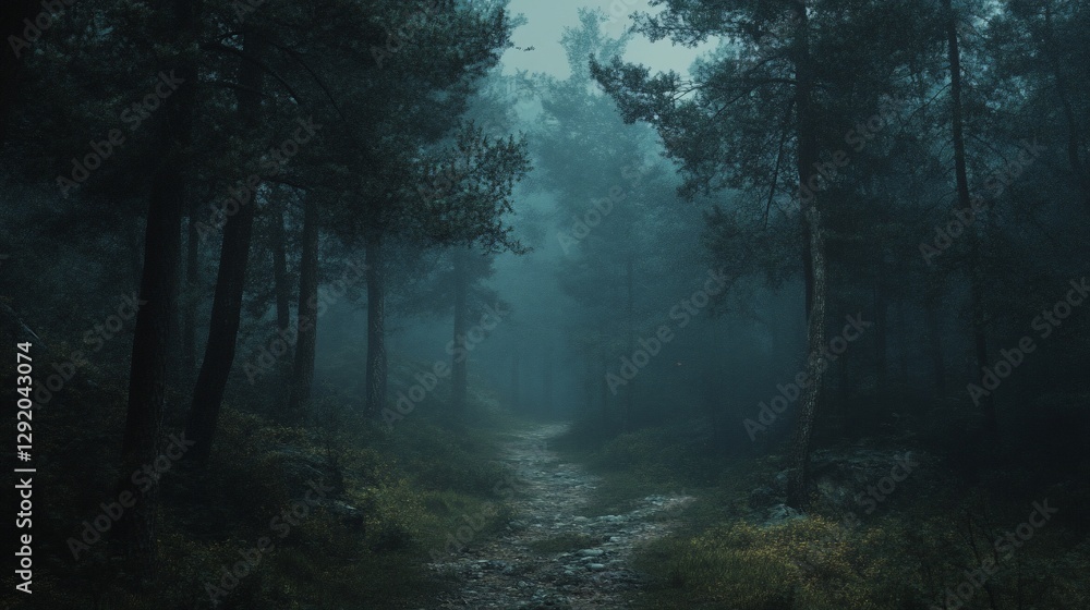 Obraz premium Misty forest path leading into deep woods.