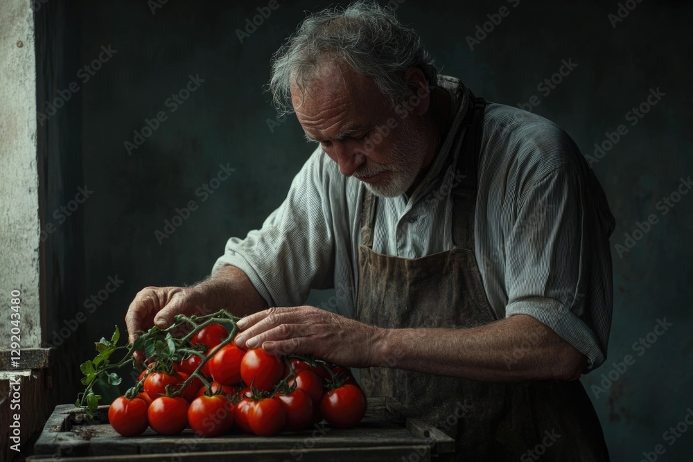 An elderly farmer carefully examines a harvest of ripe, red tomatoes, showcasing his dedication and the bounty of his labor. An elderly farmer carefully examines a harvest of ripe, red tomatoes, showcasing his dedication and the bounty of his labor.