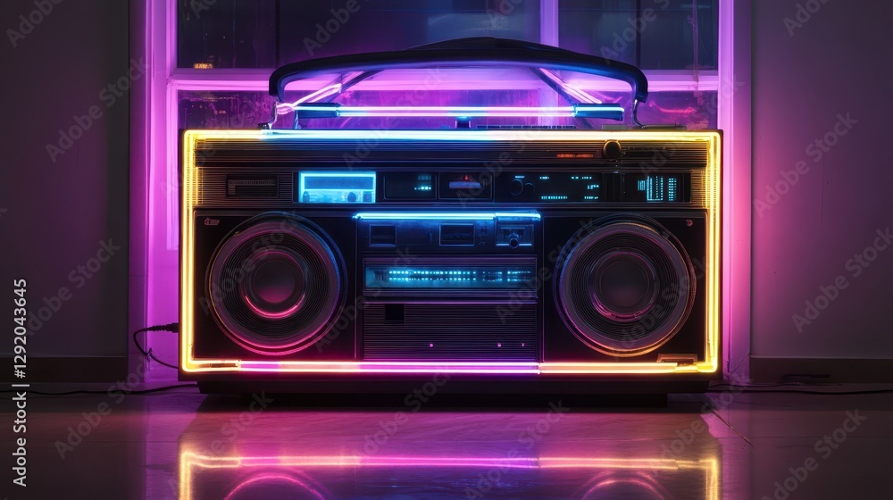 Fototapeta premium Neon boombox glows brightly against a window and wooden floor