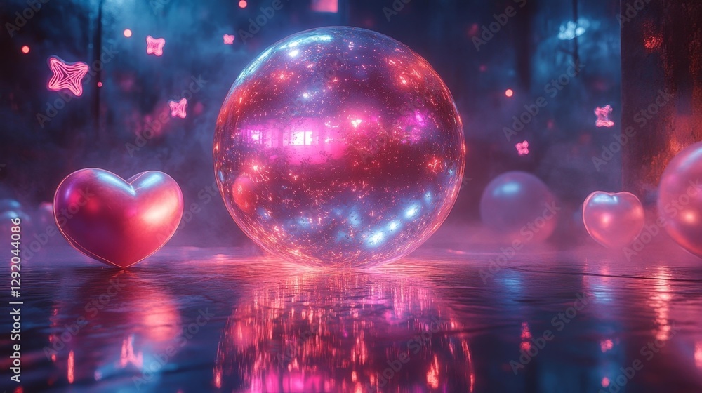 A mesmerizing glowing orb and heart shapes in a neon-lit abstract environment. Generative AI A mesmerizing glowing orb and heart shapes in a neon-lit abstract environment. Generative AI