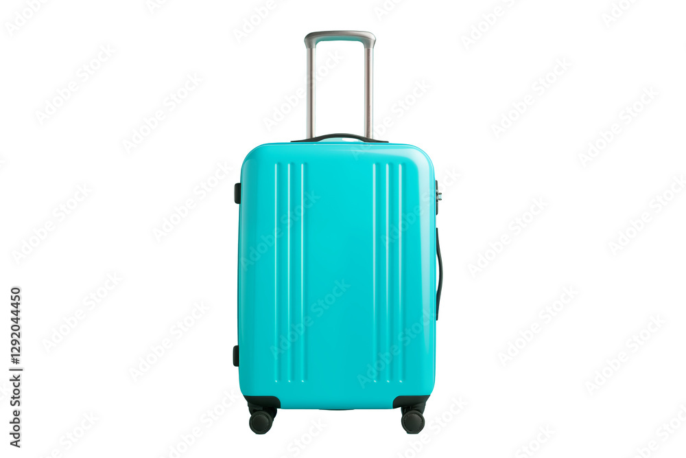 Bright turquoise suitcase with a telescopic handle and wheels, isolated on a gray background. Perfect for travel or storage, showcasing modern design and functionality.