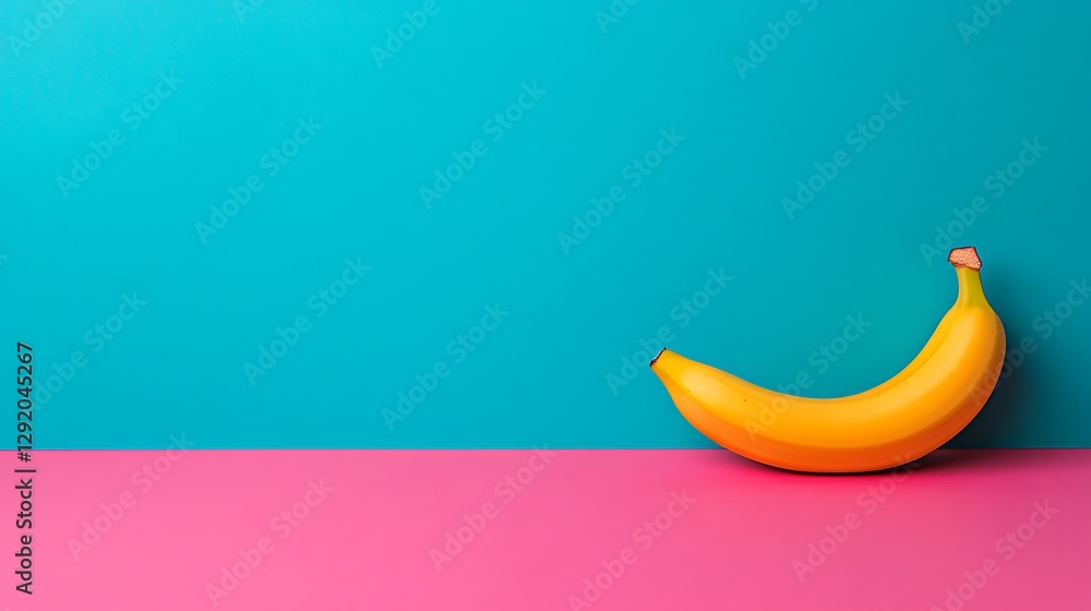 Single ripe banana leaning against blue and pink wall, studio shot, for healthy eating concepts Single ripe banana leaning against blue and pink wall, studio shot, for healthy eating concepts