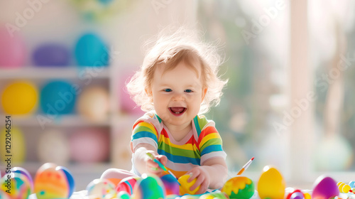 A cheerful kid with blond hair and two lower teeth is having fun playing, painting Easter eggs with paint. Happy Easter, preparing for Easter. Easter celebration. The child is busy drawing