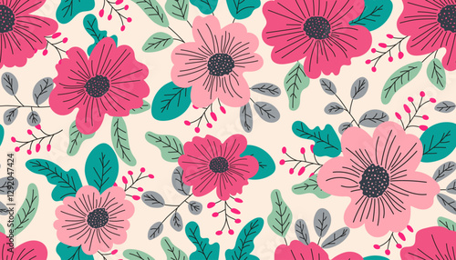 Wallpaper Mural Spring pink flowers seamless pattern on a light background with green leaves. Vector design. Torontodigital.ca