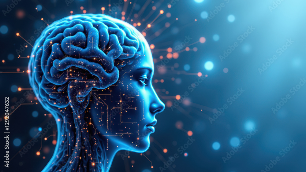 Human head with AI-inspired neuron patterns superimposed, symbolizing artificial general intelligence. Human head with AI-inspired neuron patterns superimposed, symbolizing artificial general intelligence.