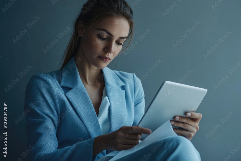 A focused businesswoman in a light blue suit reviews documents on her tablet, working diligently. A focused businesswoman in a light blue suit reviews documents on her tablet, working diligently.