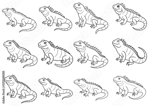 Set of twelve cartoon iguana illustrations outlined for kids coloring vector design