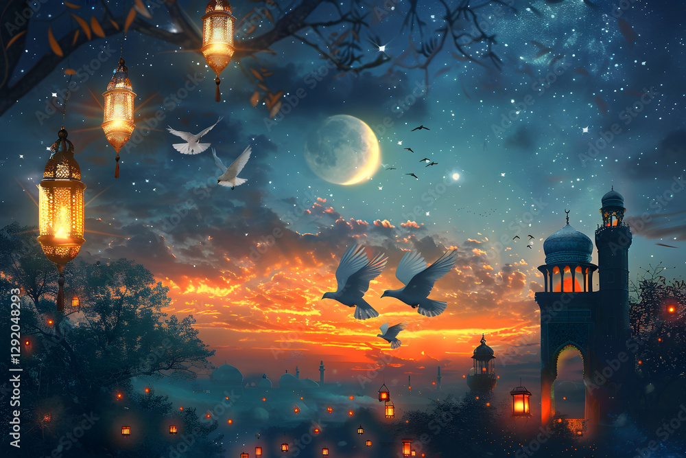 Enchanted twilight with lanterns and birds Enchanted twilight with lanterns and birds