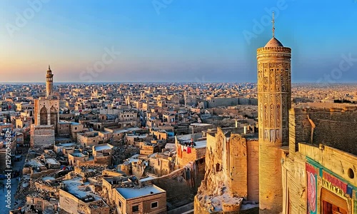 Sanaa town view at sunset, Yemen. Travel and culture concept 