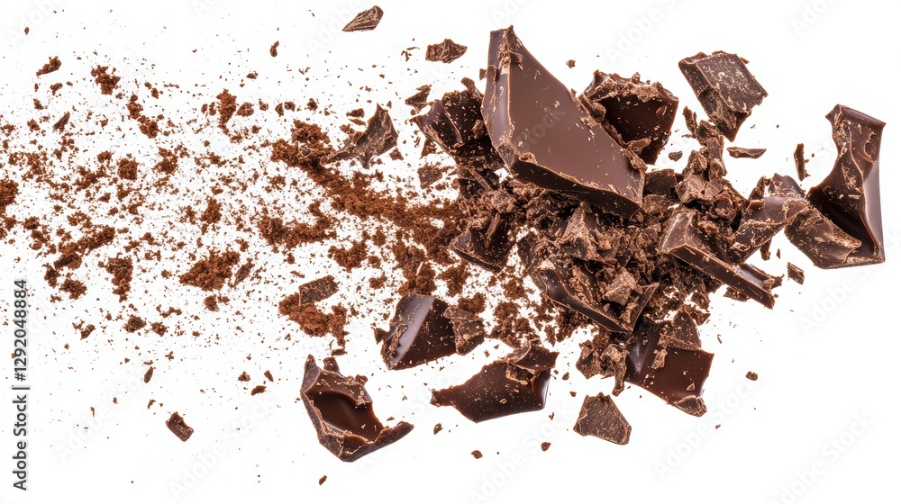 Fototapeta premium Broken dark chocolate pieces and shavings scattered on a white background