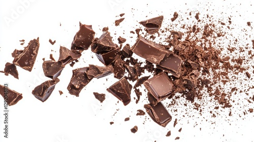 Broken dark chocolate pieces and shavings scattered on a white background