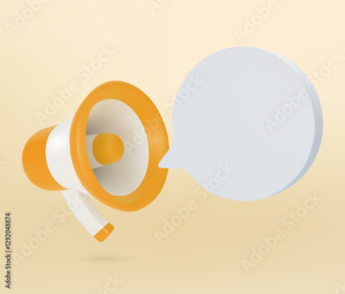 3D yellow and white colored megaphone speaker with speech bubble, vector illustration