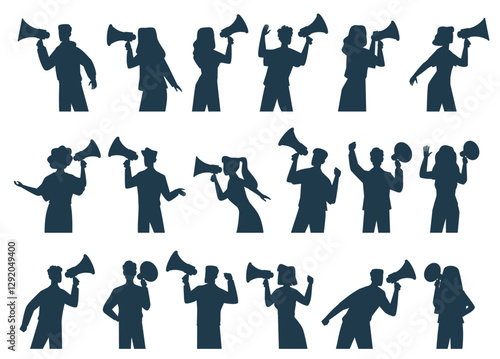 Silhouettes of people with megaphones. Different men and women hold loudspeakers. Propaganda or activist agitation. Characters promotion speech. Public speaker. Vector isolated set