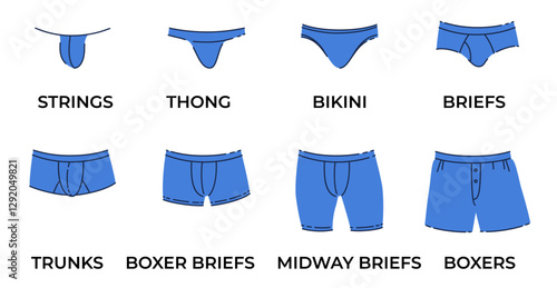 Set of different kinds mens underwear. Male underpants, shop assortment presentation. Everyday clothes, thong and bikini, briefs and boxers. Cartoon flat style isolated vector concept