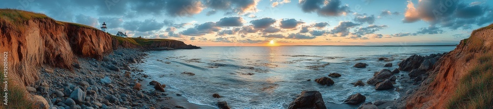 Fototapeta premium A lighthouse on a rugged coastline at sunset overlooking the ocean and rocky shore. Generative AI