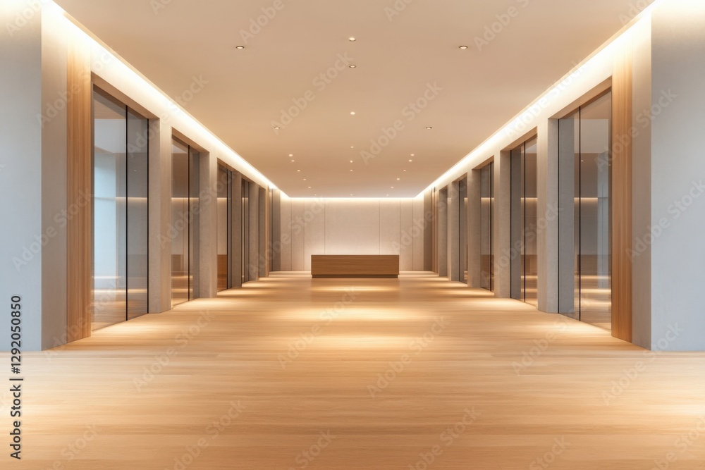 Obraz premium modern hallway with wooden floor and glass doors
