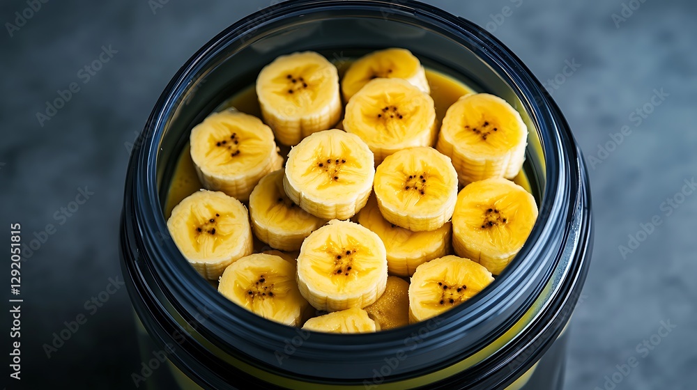 Sliced bananas fill jar, top view, dark background, for healthy eating, food prep, nutrition Sliced bananas fill jar, top view, dark background, for healthy eating, food prep, nutrition