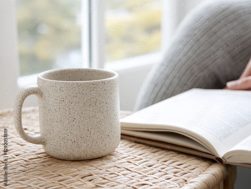 Cozy scene with mug and book on woven table Cozy scene with mug and book on woven table