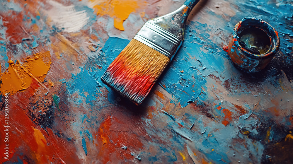 Fototapeta premium Colored paint and brush for painting works. Kit and paint on dirty background.