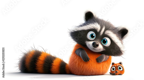 A cartoon raccoon is sitting on a stuffed animal with orange fur. generated using AI