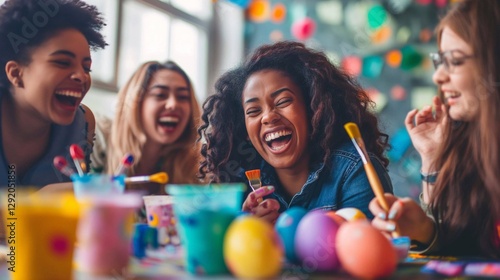 A group of friends laughing while dyeing Easter eggs, with vibrant colors and brushes scattered across a table.