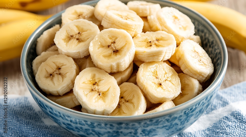 Sliced bananas in a bowl on a table, whole fruits blurred in background, healthy snack concept Sliced bananas in a bowl on a table, whole fruits blurred in background, healthy snack concept