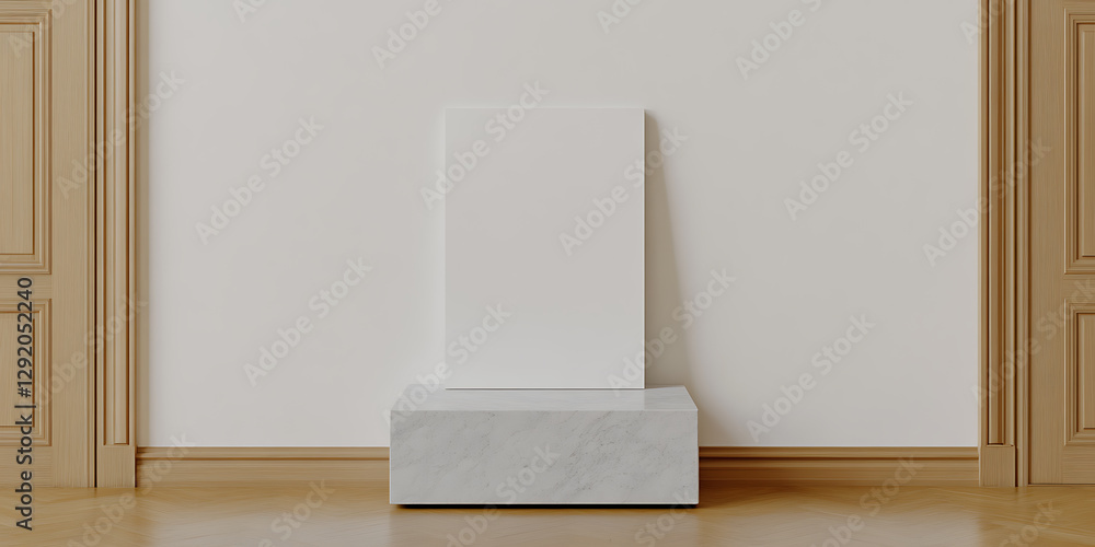 Blank canvas on marble block. Minimalist art display in a room with wooden floors and doors, clean background for artwork presentations. Blank canvas on marble block. Minimalist art display in a room with wooden floors and doors, clean background for artwork presentations.