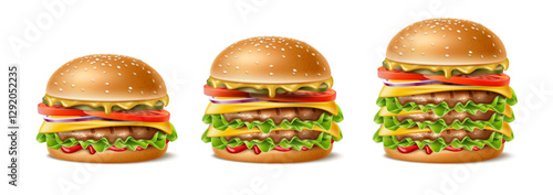 Set different sized hamburgers. Small medium and huge, realistic isolated food, various cheeseburger, natural grilled cutlets, cheese and vegetables. Menu object. Vector 3d isolated concept