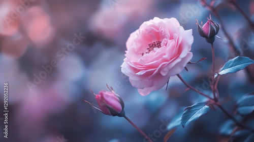 Dreamy Pink Rose in Soft Focus with Romantic Bokeh Background, Gentle Petals, Elegant Floral Composition, Ethereal Pastel Tones, Nature Beauty, Delicate Bloom, Tranquil Atmosphere, Artistic Light