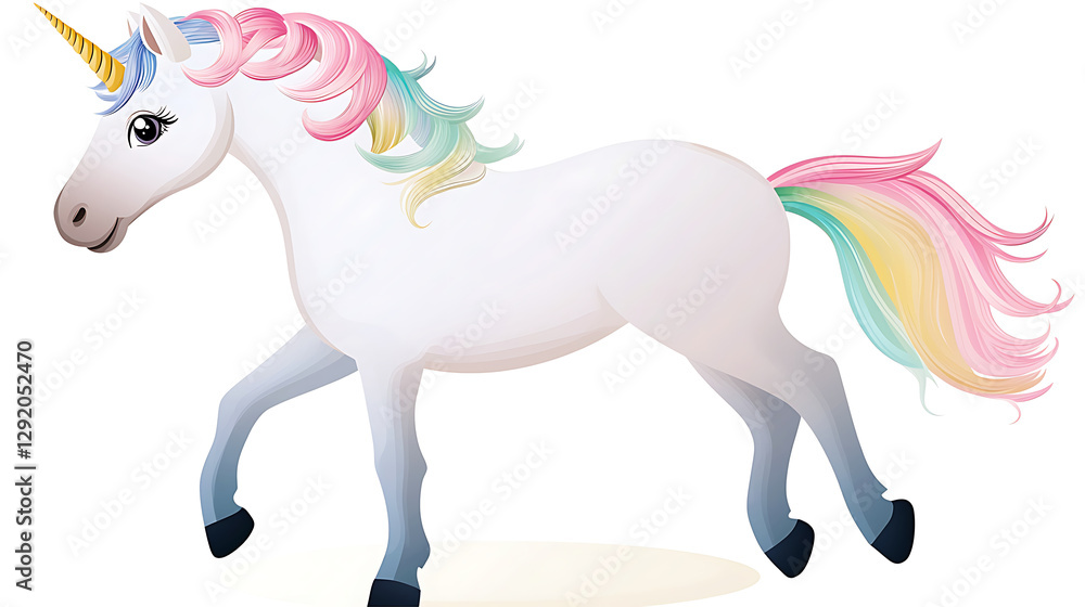 A unicorn with a rainbow mane and tail is walking across a white background. generated using AI A unicorn with a rainbow mane and tail is walking across a white background. generated using AI
