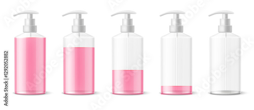 Set bottles with different liquid levels. Realistic isolated elements. Transparent plastic container with dispenser for soap, or shampoo, lotion full and empty packaging, vector concept
