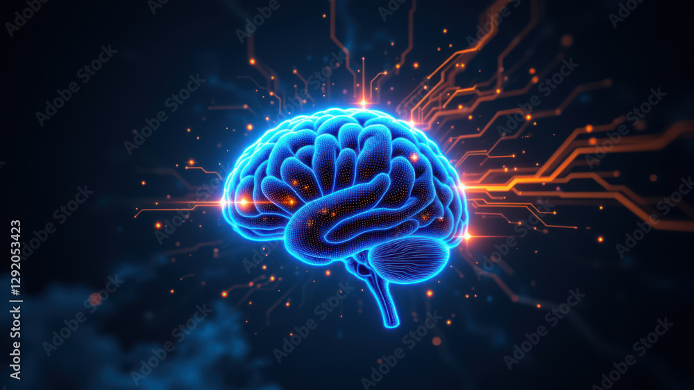 Fototapeta premium Brain-like structure connected by glowing blue circuits representing artificial general intelligence or AI.