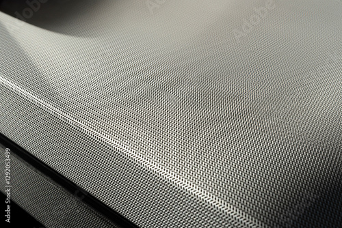 Background of stretched finely perforated steel with geometric shapes. Narrow depth of field, selective focus