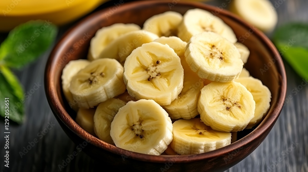 Sliced bananas in wooden bowl on a dark wooden surface with blurred leaves, for healthy eating Sliced bananas in wooden bowl on a dark wooden surface with blurred leaves, for healthy eating