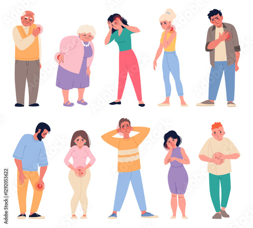 People with different types pain. Cartoon sick characters, red tags on sore spots, unhealthy body, health problems, sad persons, young and old men and women, painkiller vector isolated set