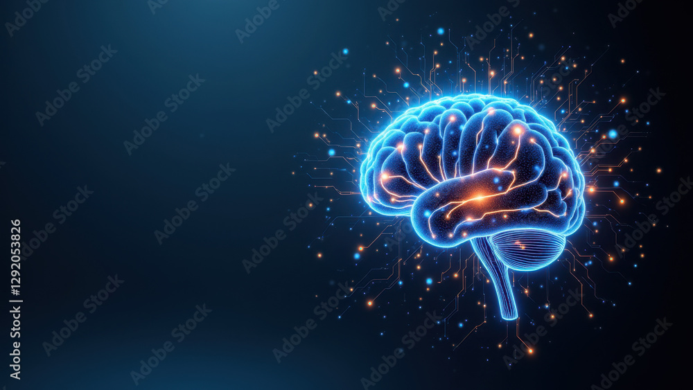 Fototapeta premium Blue brain graphic with sparks, representing artificial intelligence and human cognition.
