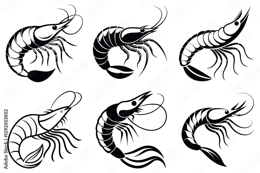 Fototapeta premium Shrimp silhouette set. Collection of black prawns. Vector illustration