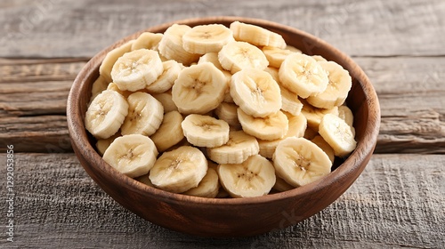 Sliced Bananas in Wooden Bowl on Gray Wooden Table photo