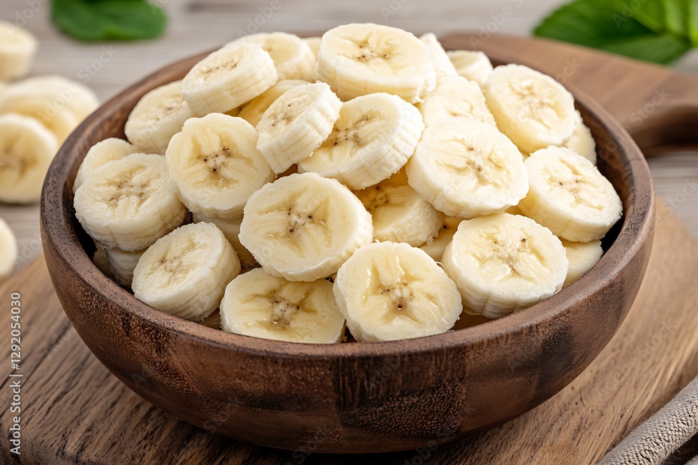 Sliced bananas in wooden bowl on wood table, healthy food or ingredient use Sliced bananas in wooden bowl on wood table, healthy food or ingredient use