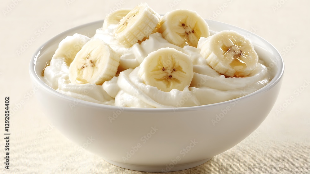 Sliced bananas on whipped cream in bowl; close-up; neutral background; dessert or snack use Sliced bananas on whipped cream in bowl; close-up; neutral background; dessert or snack use