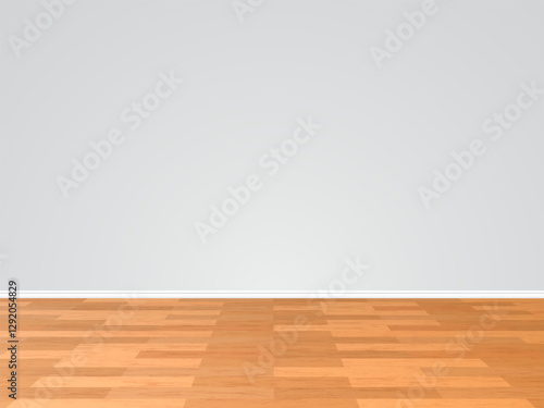 Parquet floor with gray wall. Minimalistic interior design background. Wooden desk, plank texture surface, natural brown desk, product presentation. Realistic living room. Vector concept
