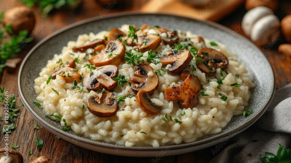 Mushroom Risotto with Fresh Herbs on Rustic Table. Generative AI Mushroom Risotto with Fresh Herbs on Rustic Table. Generative AI