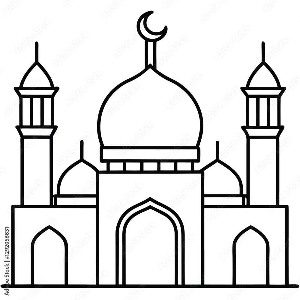Line art illustration of a mosque with domes, minarets, and a crescent moon, Islamic architectural design Line art illustration of a mosque with domes, minarets, and a crescent moon, Islamic architectural design