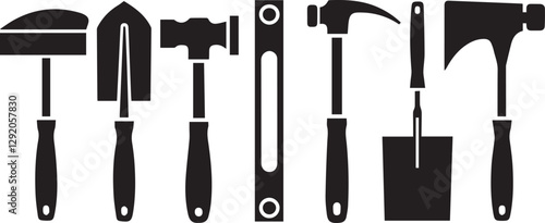 A detailed masonry tools set vector silhouette illustration featuring essential construction tools. Perfect for logos, icons, prints, and digital designs.