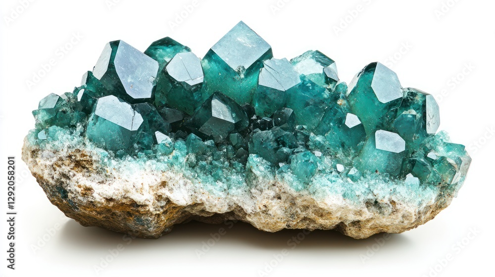 Green fluorite crystals cluster on rock, isolated white background, geology sample Green fluorite crystals cluster on rock, isolated white background, geology sample