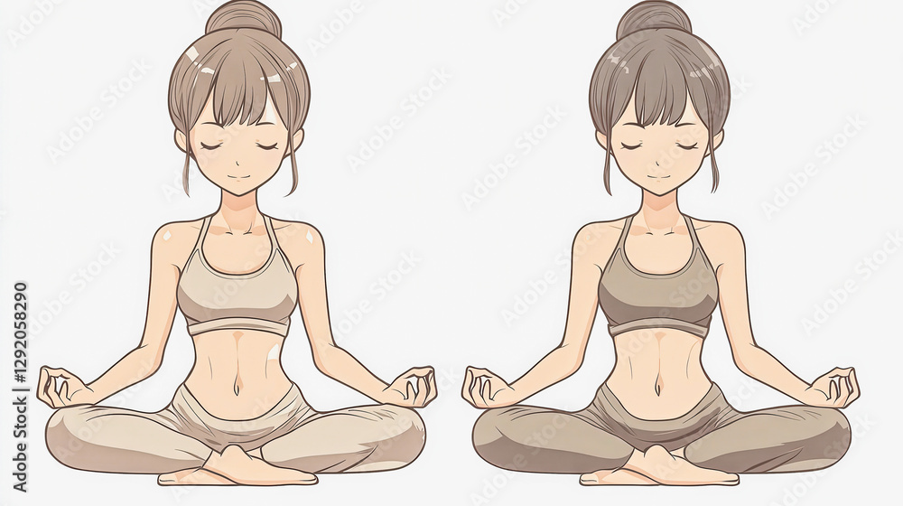 Two women are sitting cross legged in yoga poses Two women are sitting cross legged in yoga poses