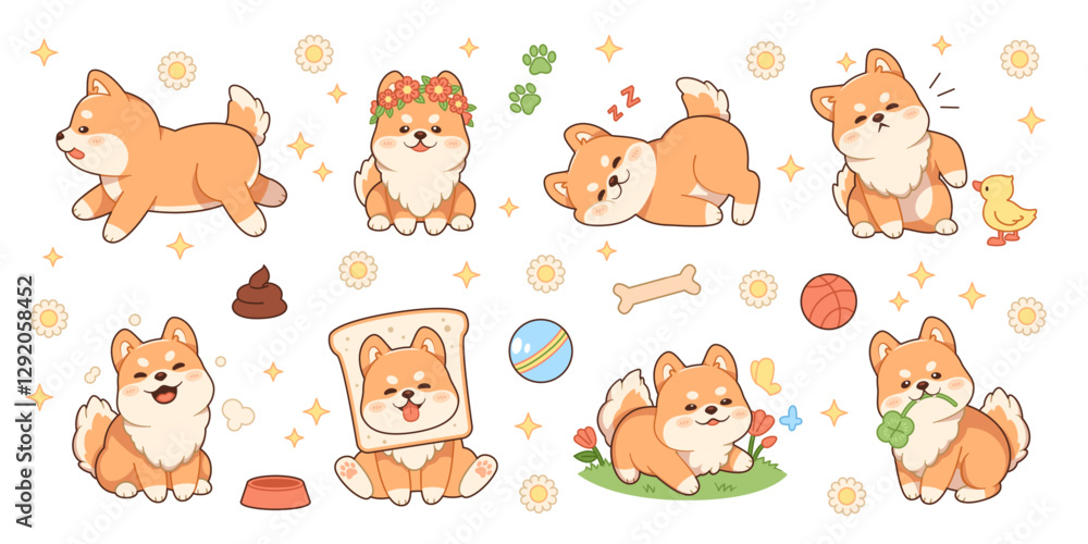 Obraz premium Kawaii shiba dog. Funny pets characters, different actions, fluffy domestic animals, cute mascot, japanese breed, akita ken pup, grooming logo, cartoon flat isolated tidy vector set
