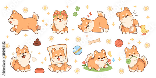 Kawaii shiba dog. Funny pets characters, different actions, fluffy domestic animals, cute mascot, japanese breed, akita ken pup, grooming logo, cartoon flat isolated tidy vector set