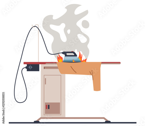 Fire from an iron not turned off. Dangerous situation with electric device. Safety standard, ironing clothes. Burn cloth. Household appliances. Cartoon flat style isolated vector concept