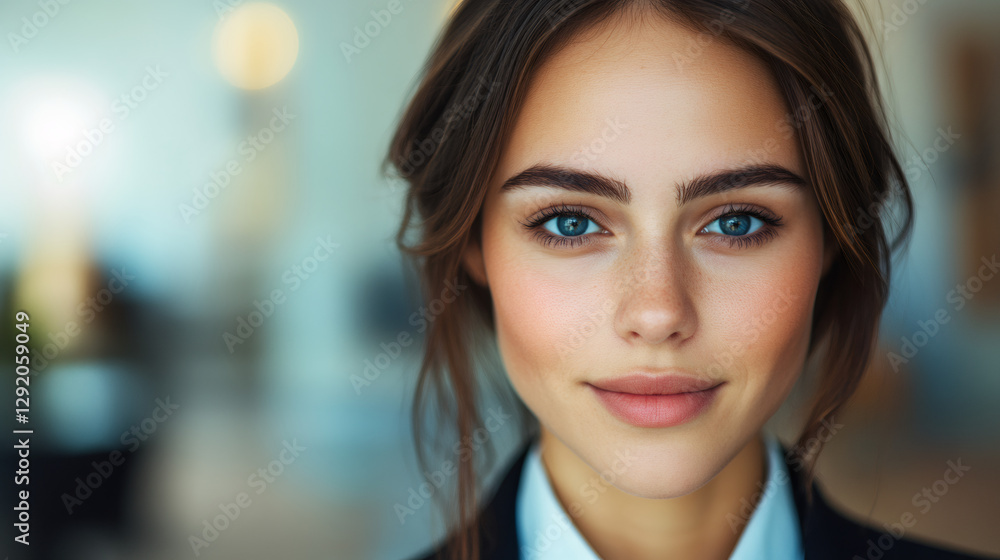 Professional businesswoman smiling confidently, wearing tailored suit in contemporary office workspace Professional businesswoman smiling confidently, wearing tailored suit in contemporary office workspace